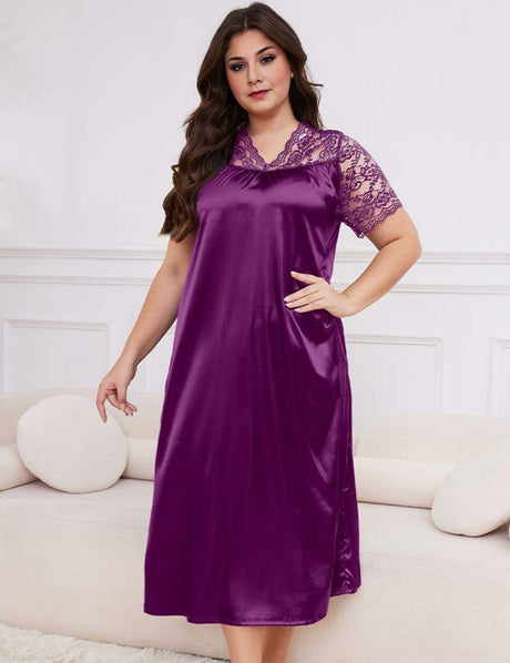 Purple Plus Size Lace Trim Satin Nightgown Short Sleeve Sleep Dress