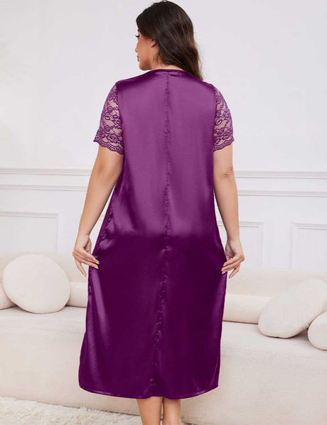 Purple Plus Size Lace Trim Satin Nightgown 