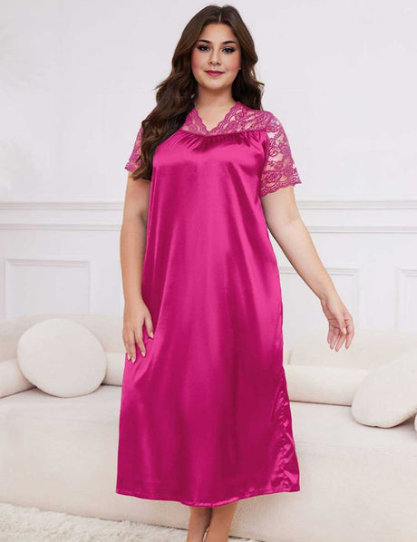 Rose Red Plus Size Lace Trim Satin Nightgown Short Sleeve Sleep Dress
