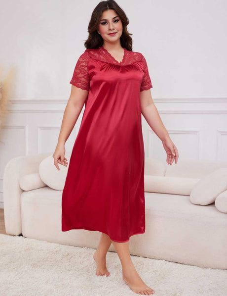 Red Plus Size Lace Trim Satin Nightgown Short Sleeve Sleep Dress