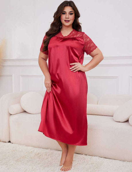 Red Plus Size Lace Trim Satin Short Sleeve Sleep Dress
