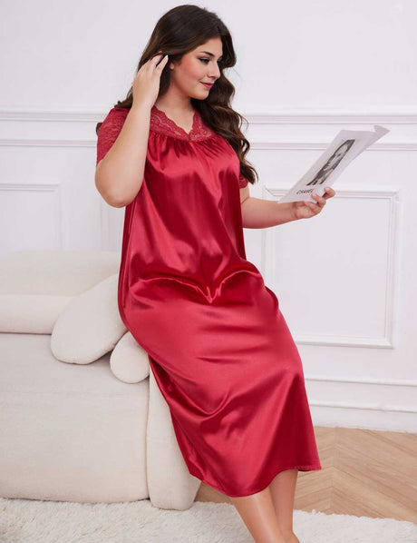 Rose Red Plus Size Lace Trim Satin Nightgown