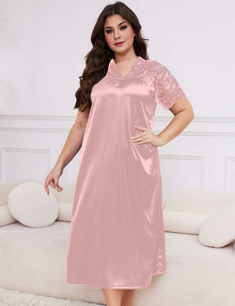 Dusty Pink Plus Size Lace Trim Satin Nightgown Short Sleeve Sleep Dress
