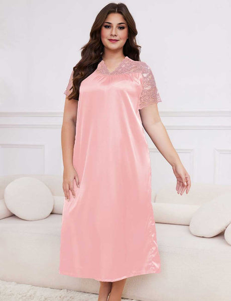 Pink Plus Size Lace Trim Satin Nightgown Short Sleeve Sleep Dress
