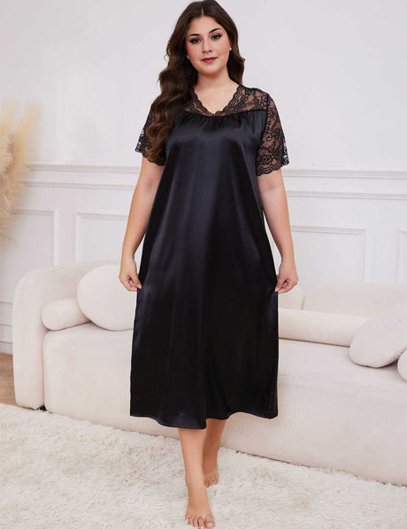 Black Plus Size Lace Trim Satin Nightgown Short Sleeve Sleep Dress
