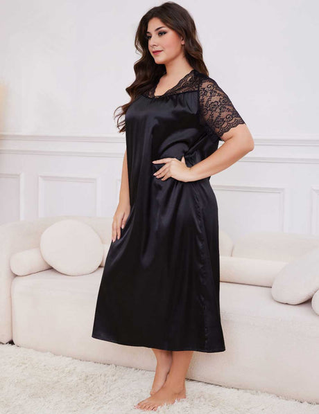 Black Plus Size Lace Trim Satin Short Sleeve Nightgown
