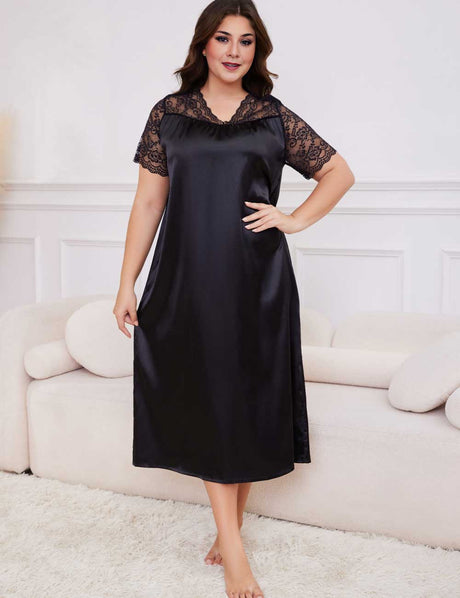 Black Plus Size Lace Trim Satin Nightgown Short Sleeve Sleep Dress