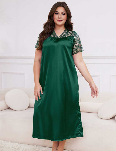 Green Plus Size Lace Trim Satin Nightgown Short Sleeve Sleep Dress