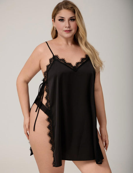 Black Plus Size Lace Trim Side Tie High Slit Satin Nightgown