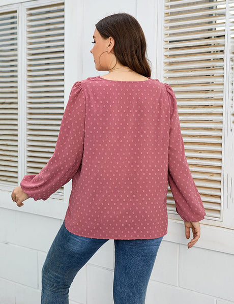 Women Plus Size Lace Trim V - Neck Balloon Sleeve Blouse | PRUSES - PRUSES