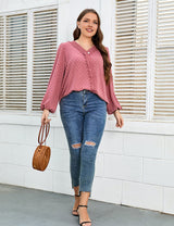 Women Plus Size Lace Trim V - Neck Balloon Sleeve Blouse | PRUSES - PRUSES