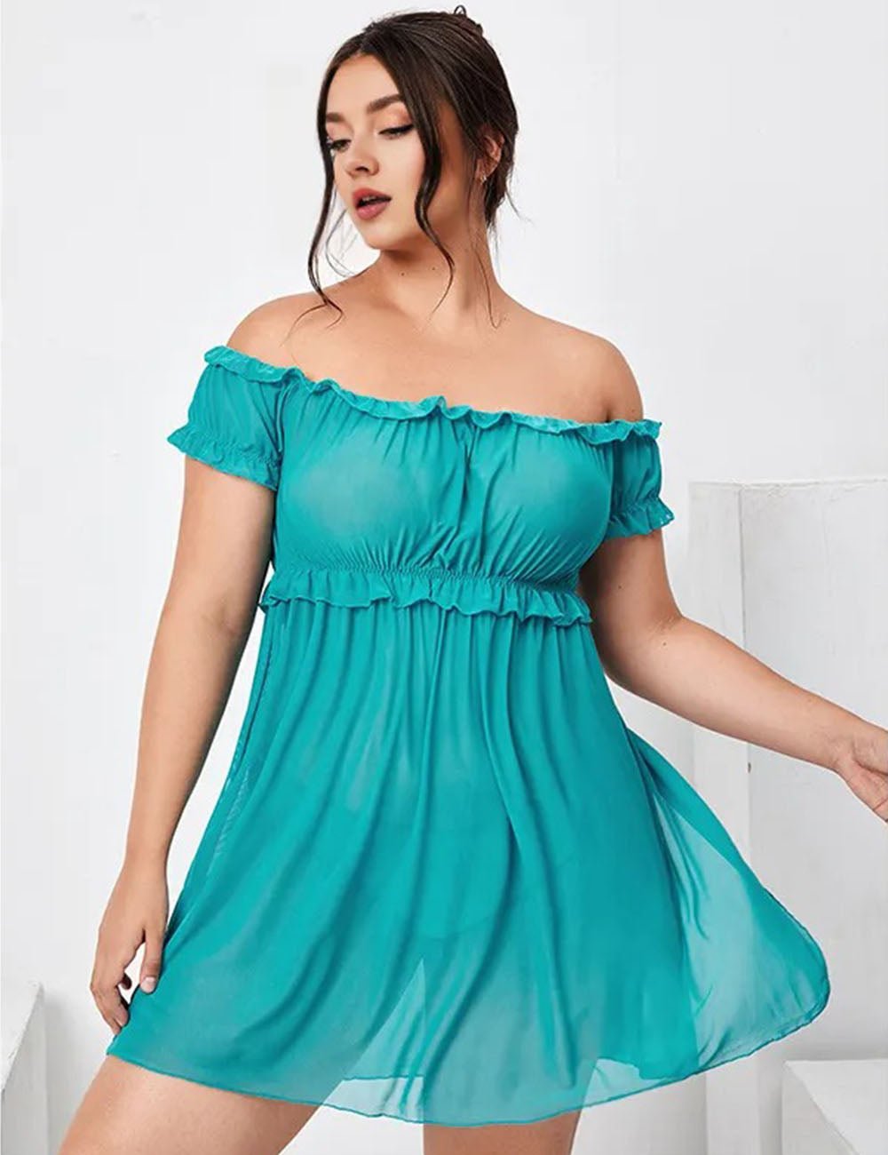 Women Plus Size Lake Blue Lace Off Shoulder Babydoll - PRUSES