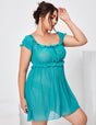 Women Plus Size Lake Blue Lace Off Shoulder Babydoll - PRUSES