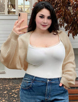 Women Plus Size Lantern Sleeve Knit Shrug Cardigan - PRUSES