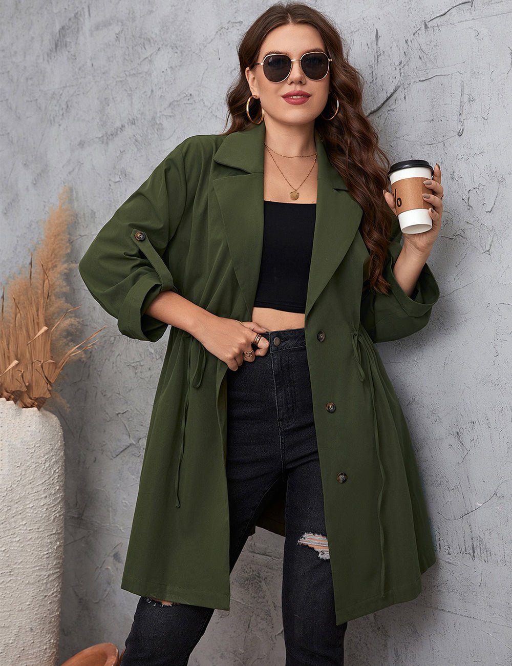 Women Plus Size Lapel Collar Roll - Tab Sleeve Trench Coat - PRUSES