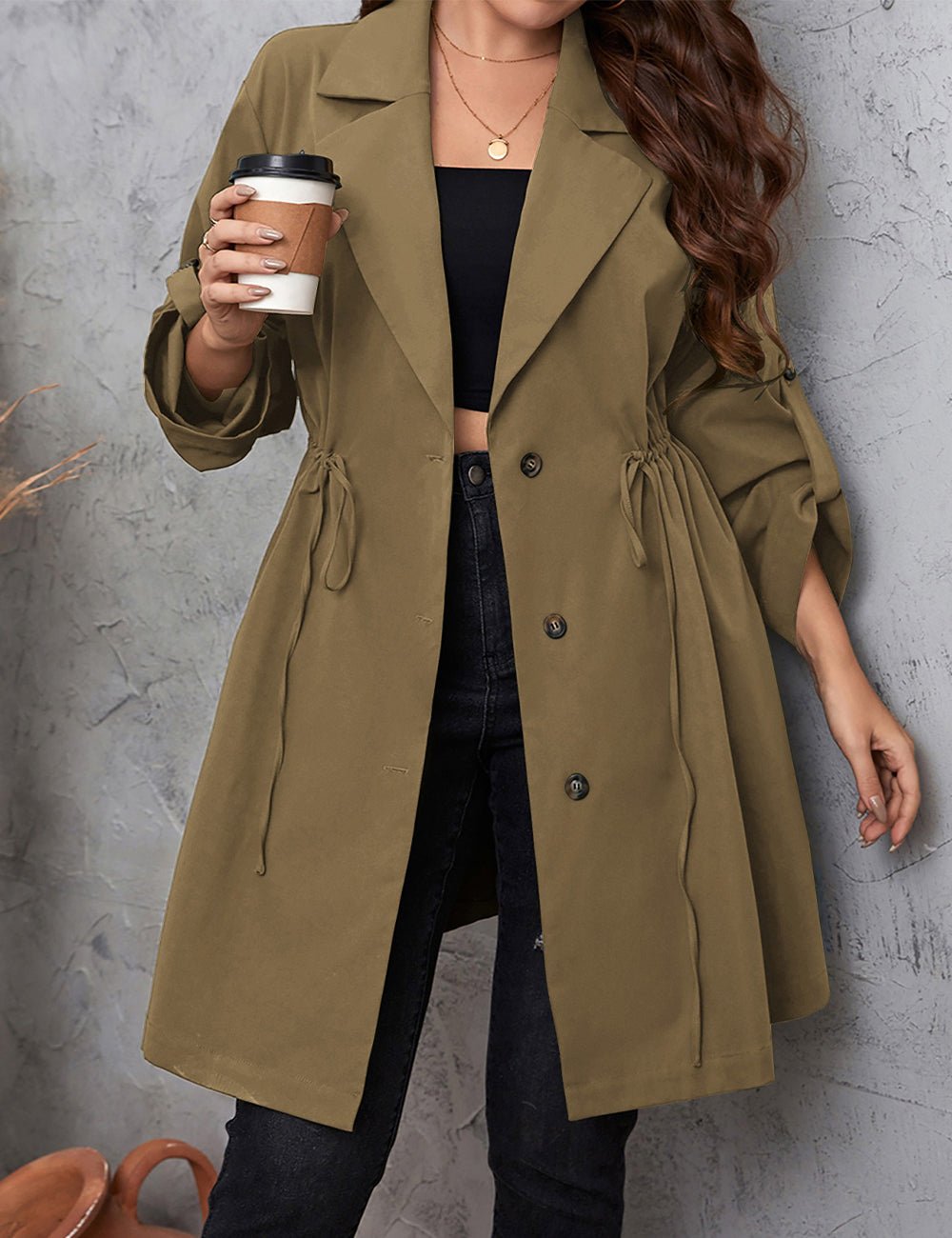 Women Plus Size Lapel Collar Roll - Tab Sleeve Trench Coat - PRUSES