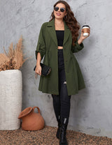 Women Plus Size Lapel Collar Roll - Tab Sleeve Trench Coat - PRUSES