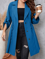 Women Plus Size Lapel Collar Roll - Tab Sleeve Trench Coat - PRUSES