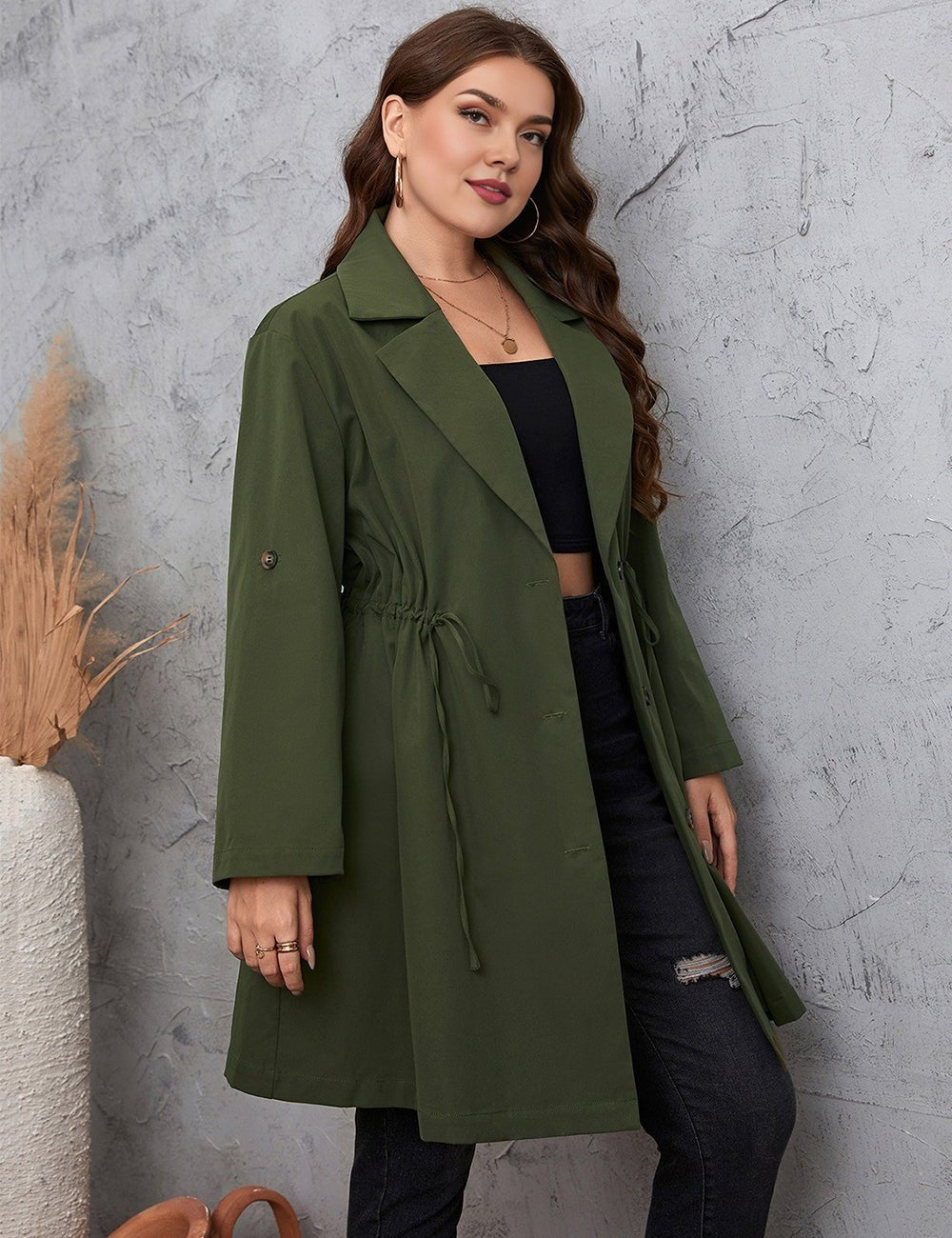 Women Plus Size Lapel Collar Roll - Tab Sleeve Trench Coat - PRUSES