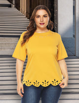 Women Plus Size Laser Cut Scallop Trim T-Shirt | PRUSES - PRUSES
