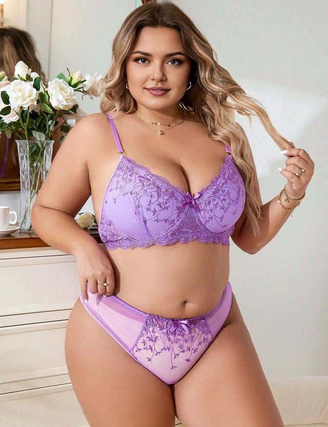 Women Plus Size Lavender Floral Embroidered Mesh Bra Set - PRUSES