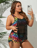 Women Plus Size Layered Lace Mesh Breathable Tankini - PRUSES