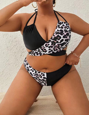 Women Plus Size Leopard Color Block Bikini Set - PRUSES