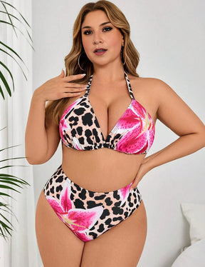 Women Plus Size Leopard Floral Bikini - PRUSES
