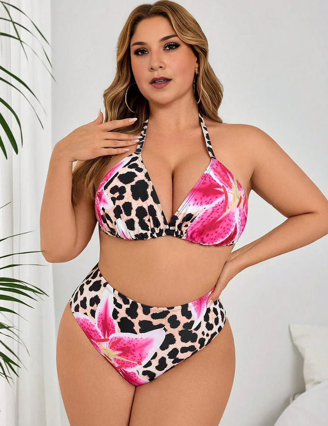 Women Plus Size Leopard Floral Bikini - PRUSES