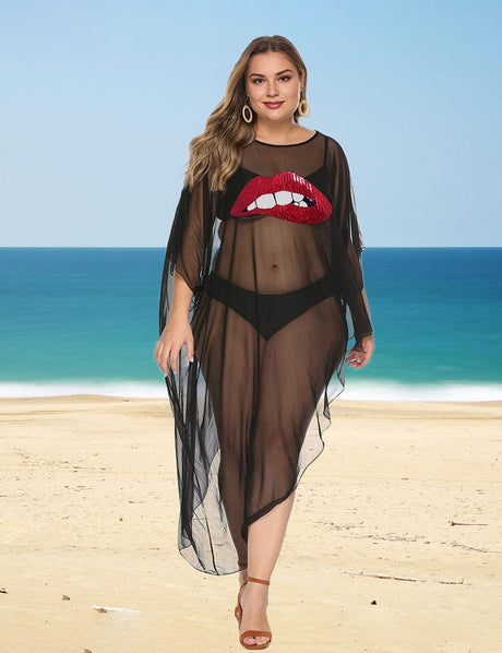Women Plus Size Leopard Lips Irregular Cover - Up | PRUSES - PRUSES