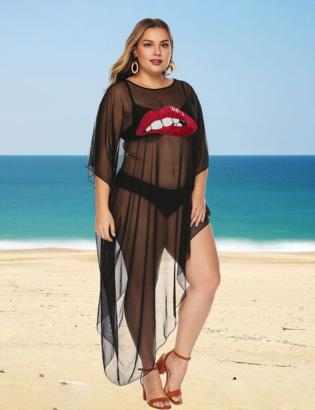 Women Plus Size Leopard Lips Irregular Cover - Up | PRUSES - PRUSES