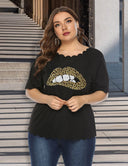 Women Plus Size Leopard Print Lip Wavy Edge T-Shirt | PRUSES - PRUSES