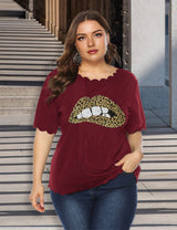 Women Plus Size Leopard Print Lip Wavy Edge T-Shirt | PRUSES - PRUSES