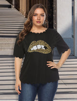 Women Plus Size Leopard Print Lip Wavy Edge T-Shirt | PRUSES - PRUSES