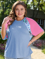 Women Plus Size Leopard Print Patch Colorblock T Shirt | PRUSES - PRUSES