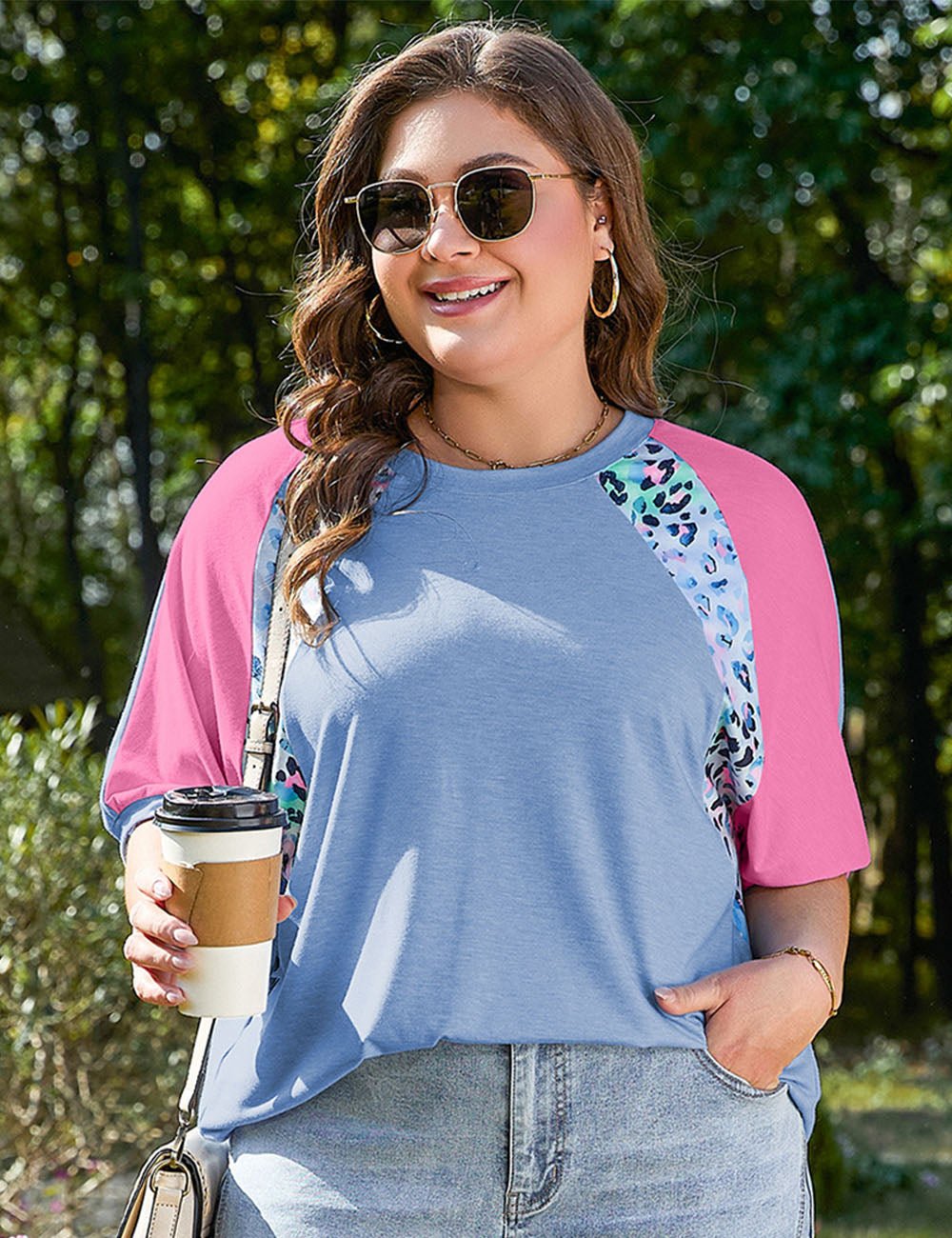 Women Plus Size Leopard Print Patch Colorblock T Shirt | PRUSES - PRUSES
