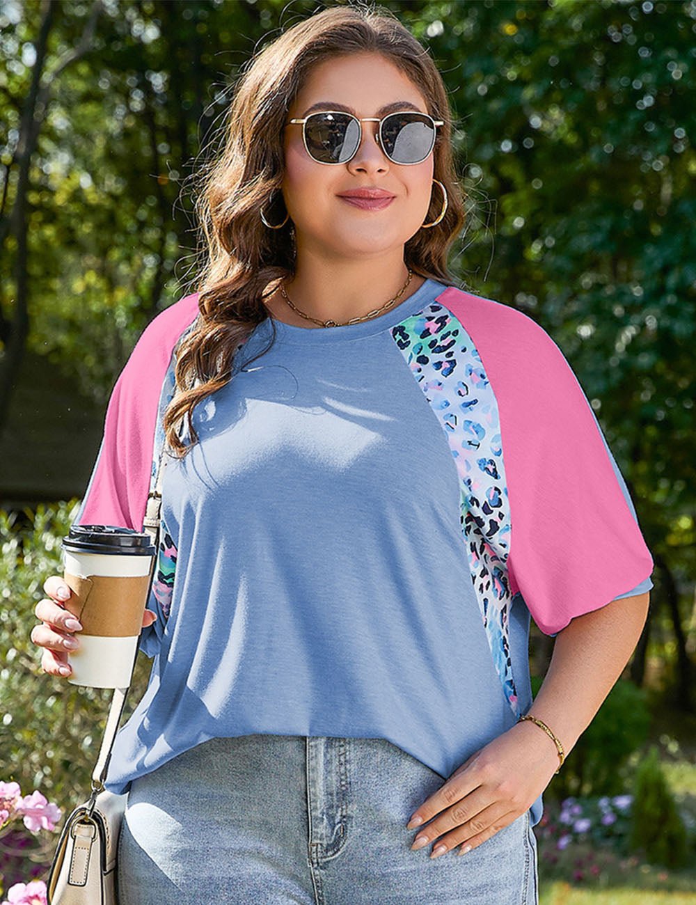 Women Plus Size Leopard Print Patch Colorblock T Shirt | PRUSES - PRUSES