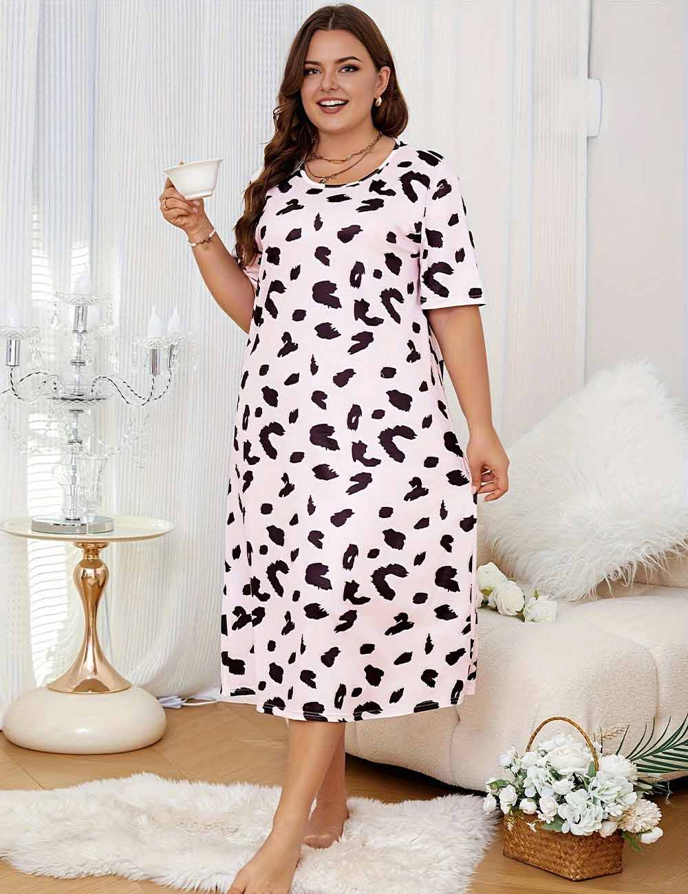 Women Plus Size Leopard Print Short Sleeve Nightgown Sleepwear