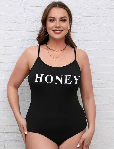 Women Plus Size Lettering Print Bodysuit | PRUSES - PRUSES