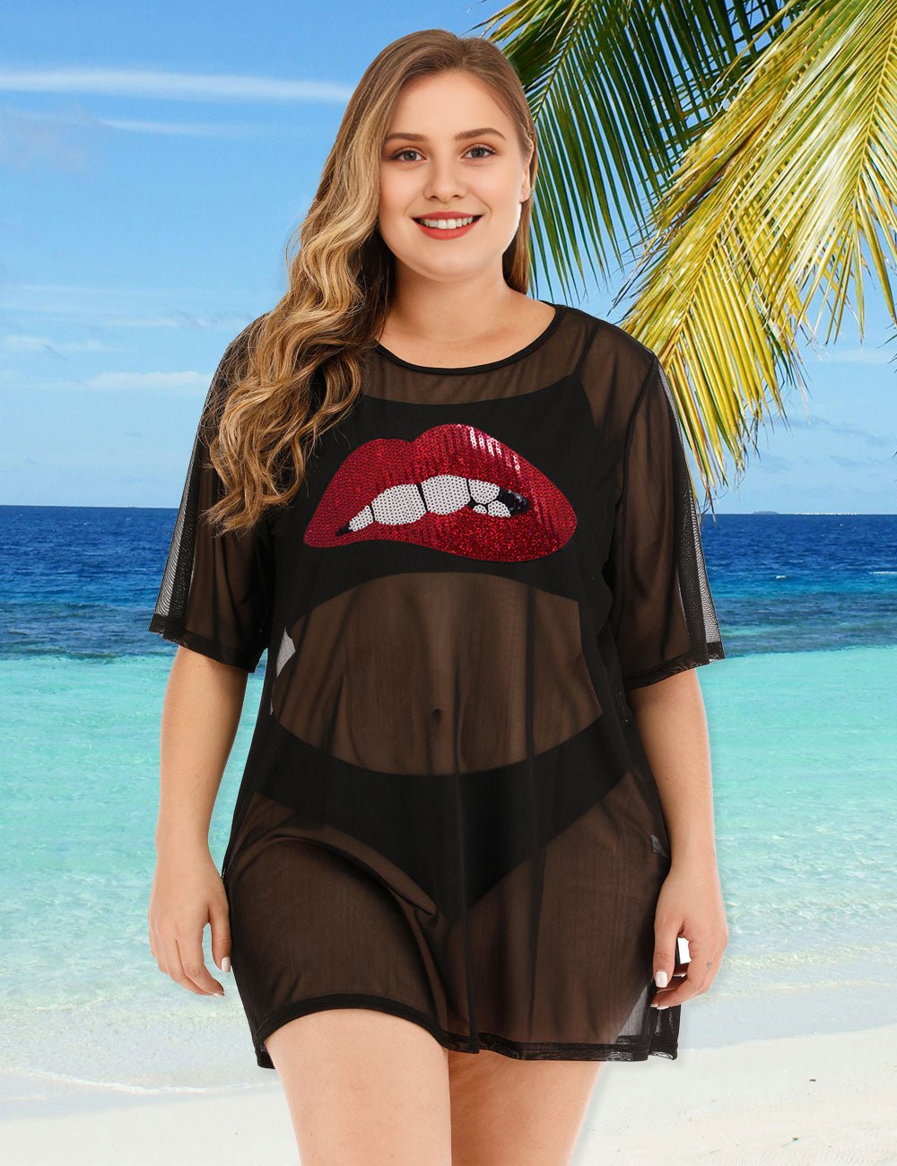 Women Plus Size Lips Mesh Bikini Cover Up - PRUSES