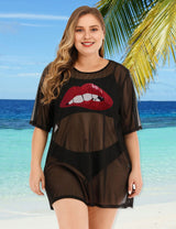 Women Plus Size Lips Mesh Bikini Cover Up - PRUSES