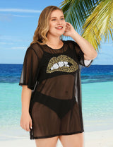 Women Plus Size Lips Mesh Bikini Cover Up - PRUSES
