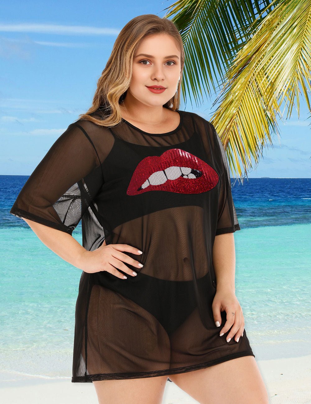 Women Plus Size Lips Mesh Bikini Cover Up - PRUSES