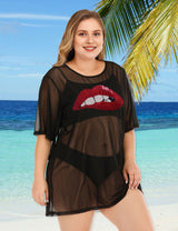 Women Plus Size Lips Mesh Bikini Cover Up - PRUSES