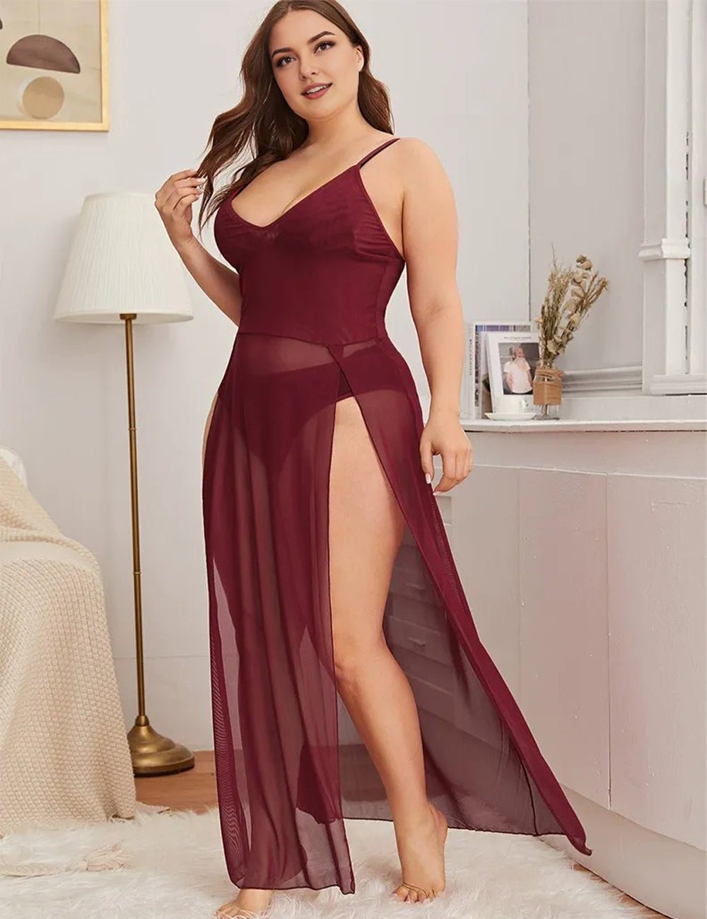 Women Plus Size Long Mesh Babydoll Chemise - PRUSES
