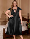 Women Plus Size Black Long Satin Nightgown
