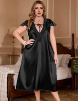 Women Plus Size Black Long Satin Nightgown