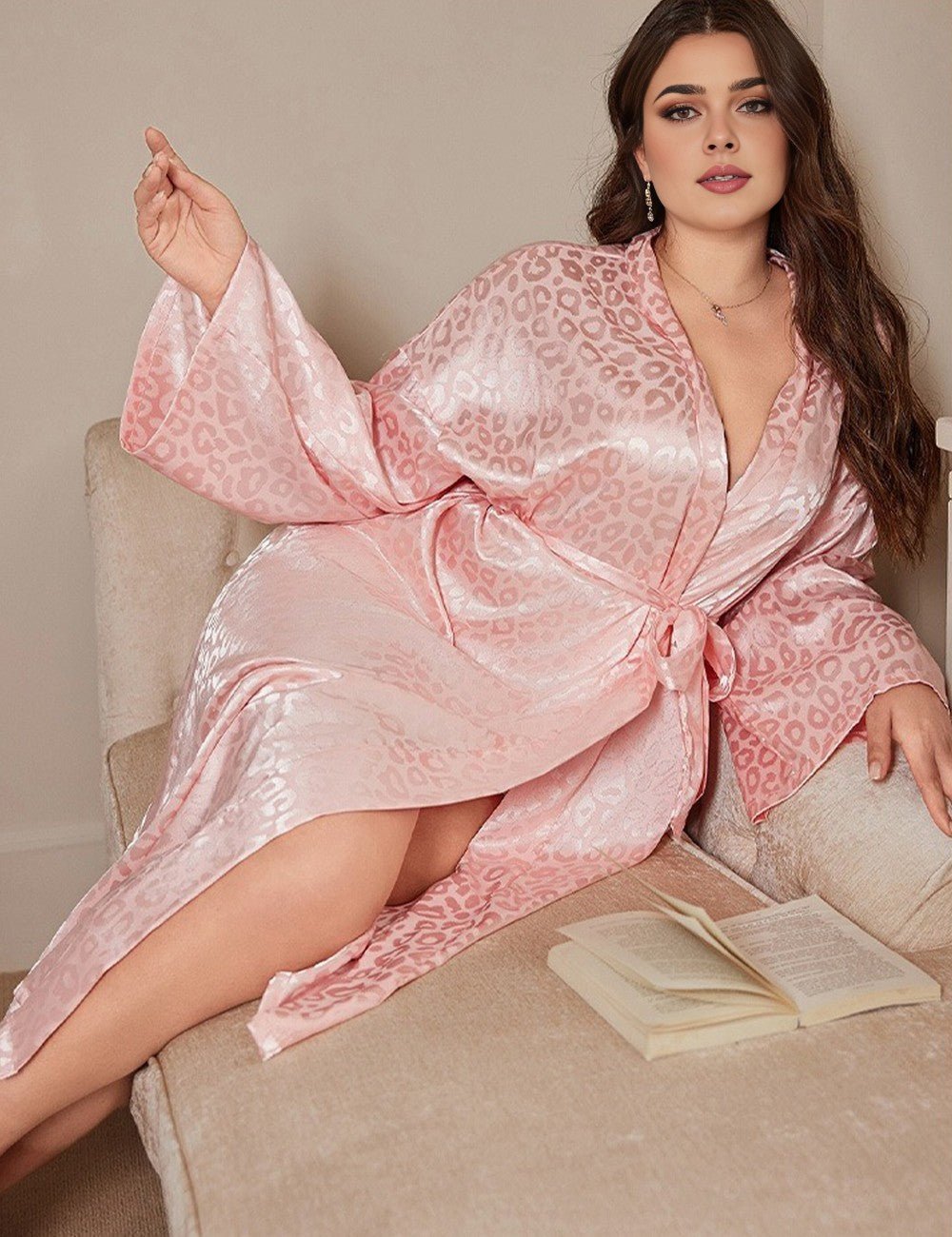 Women Plus Size Long Silk Kimono Belted Robe - PRUSES