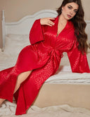 Women Plus Size Long Silk Kimono Belted Robe - PRUSES