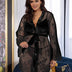 Women Plus Size Long Sleeve Black Eyelash Lace Robe - PRUSES